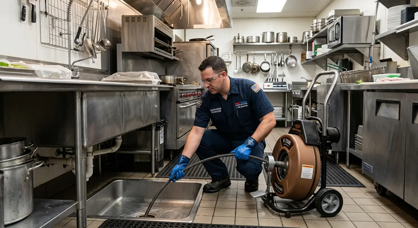 Commercial drain cleaning service in a restaurant kitchen in Lakeway