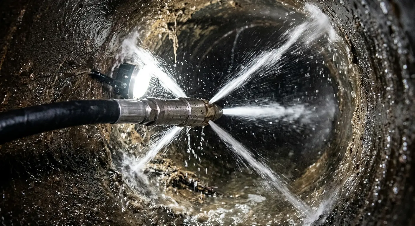 High-pressure hydro jetting nozzle cleaning sewer pipe for Sewer Cleanout in Lakeway