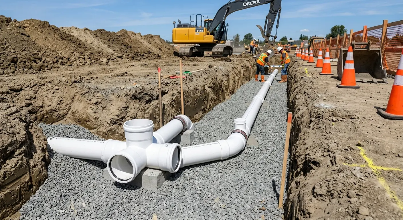 New PVC sewer pipe installation in open trench for Grease Trap Cleaning in Lakeway