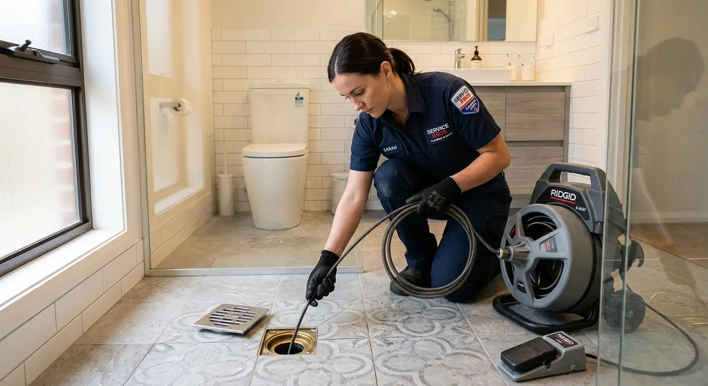 Technician clearing a bathroom floor drain for Clogged Drain Repair in Lakeway